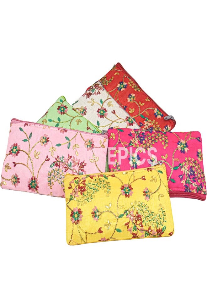 Epics (Pack Of 15 Embroidery Mix Flower Designed Wedding Return Gift Women Wholesale Bridal Traveling potli Bag with Zipper for Ladies Shagun Purse Gifting Haldi Mehandi. - Image 1